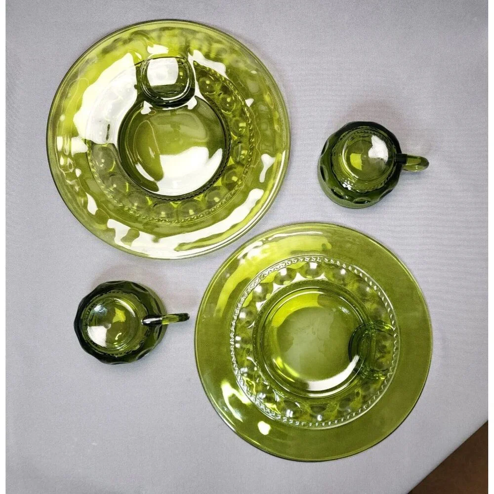 Snack Plates & Cups Indiana Glass King's Crown Thumbprint Avocado Green Vintage - Picture 7 of 8